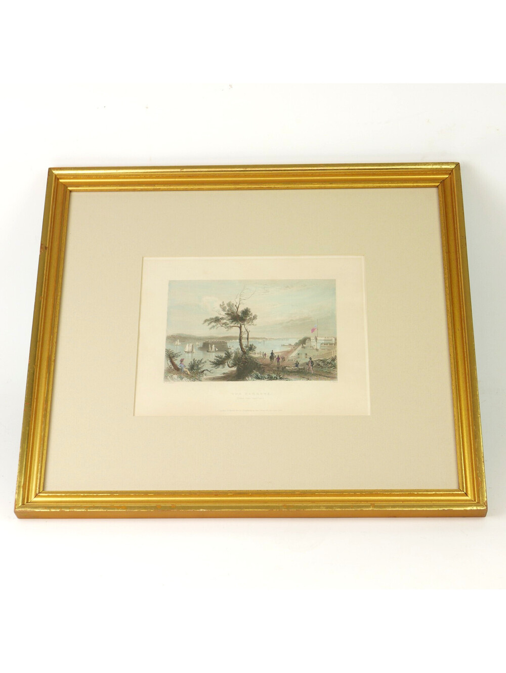 Antique 1838 Steel Engraving NY Harbor The Narrows Hand Colored Bartlett Framed